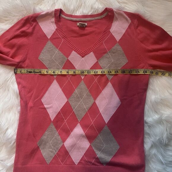 Argyle Sweater Large Izod Salmon Cotton Pink Tan Long Sleeves V Neck Preppy Golf - Picture 5 of 11